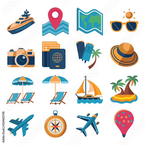 illustrations vector icon travel vacation tourism items map glass camera map and others 
