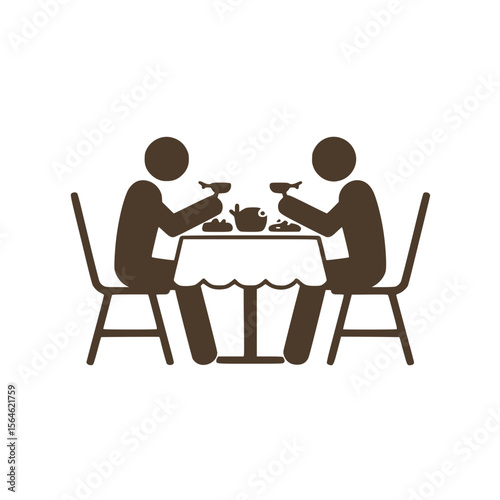Icon of two people dining together at table, Minimalist icon showing two figures sitting at a table, eating and drinking, symbolizing social dining, restaurants, meals, and gatherings.

