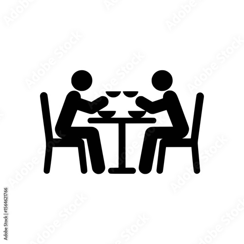Icon of two people dining together at table, Minimalist icon showing two figures sitting at a table, eating and drinking, symbolizing social dining, restaurants, meals, and gatherings.

