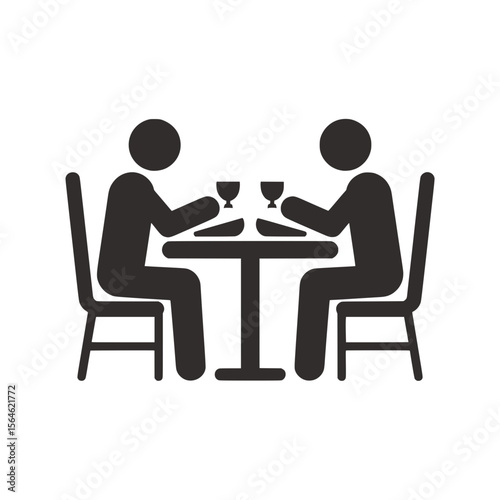 Icon of two people dining together at table, Minimalist icon showing two figures sitting at a table, eating and drinking, symbolizing social dining, restaurants, meals, and gatherings.

