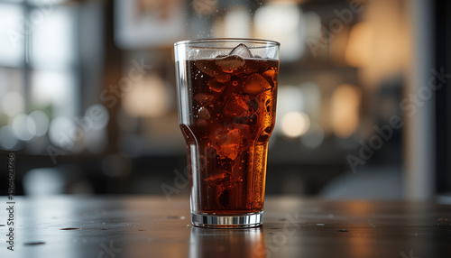 Refreshing cola drink is poured into a tall glass with ice cubes on a wooden bar top creating refreshing scene.