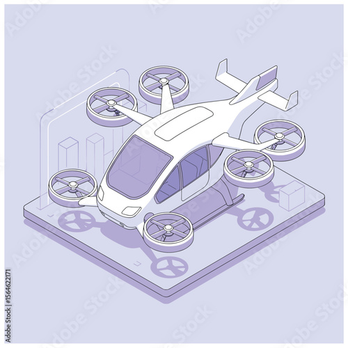 Futuristic air taxi flat vector illustration. Self driving passenger drone, driverless vtol. City travel, urban transportation. Flying cab delivery service