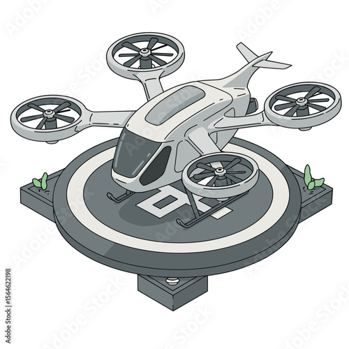 Futuristic air taxi flat vector illustration. Self driving passenger drone, driverless vtol. City travel, urban transportation. Flying cab delivery service