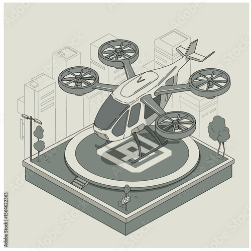 Futuristic air taxi flat vector illustration. Self driving passenger drone, driverless vtol. City travel, urban transportation. Flying cab delivery service