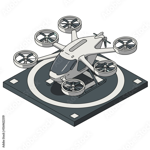 Futuristic air taxi flat vector illustration. Self driving passenger drone, driverless vtol. City travel, urban transportation. Flying cab delivery service