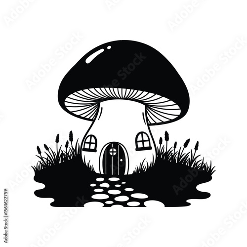 Charming Black and White Mushroom House Illustration Fantasy Home Cottagecore Fairytale