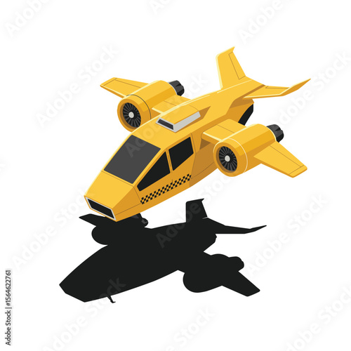 Futuristic air taxi flat vector illustration. Self driving passenger drone, driverless vtol. City travel, urban transportation. Flying cab delivery service