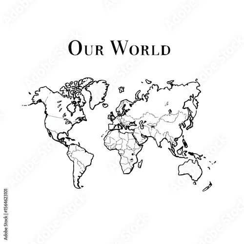 Blank World Map Outline – Black and White Political Vector Map of Continents and Country Borders on a white background 