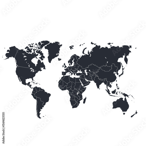 World Map Outline – Black and White Political Map of Continents with Country Borders