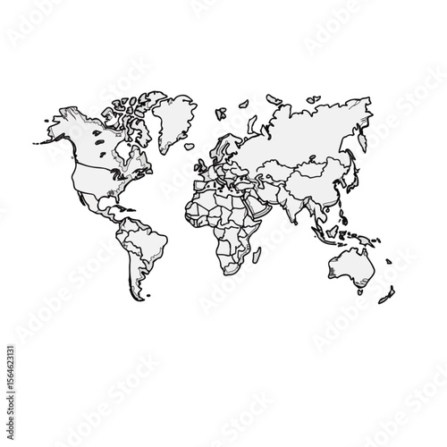 Blank World Map Outline – Black and White Political Vector Map of Continents and Country Borders on a white background 