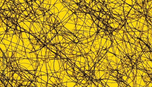 Abstract Composition Of Black Lines Over Bright Yellow Background Creating Chaotic Overlay