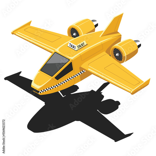 Futuristic air taxi flat vector illustration. Self driving passenger drone, driverless vtol. City travel, urban transportation. Flying cab delivery service