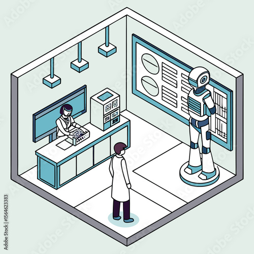 Isometric view of a lab with a scientist robot coworker and a woman at a computer desk area