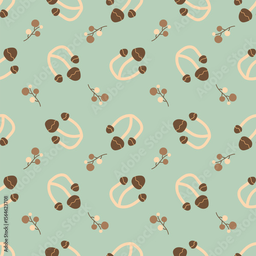 Brown mushrooms on a light green background. Autumn seamless pattern for clothing, fabric, wallpaper, backdrop, home decoration, cover book, and wall art.