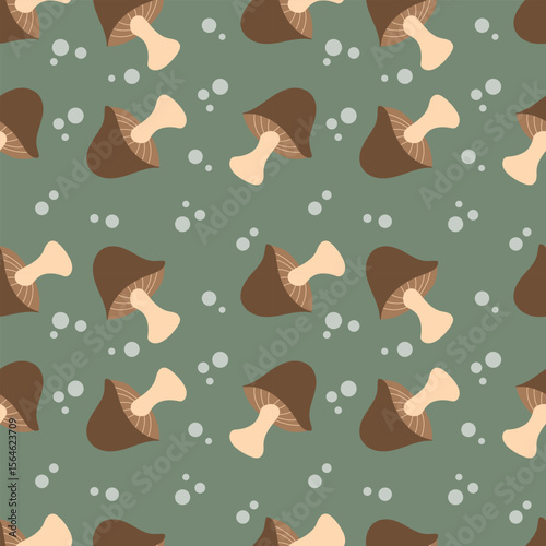 Brown mushrooms on a dark green background. Autumn seamless pattern for clothing, fabric, wallpaper, backdrop, home decoration, cover book, and wall art.