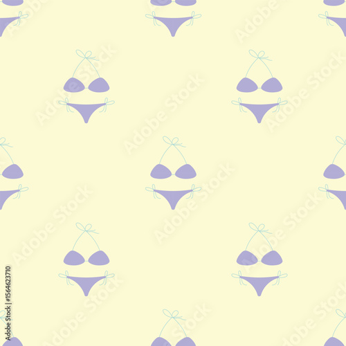 Purple bikini on a light yellow background. Summer seamless pattern for clothing, fabric, wallpaper, backdrop, home decoration, cover book, and wall art.