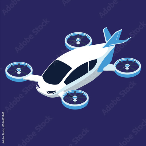 Futuristic air taxi flat vector illustration. Self driving passenger drone, driverless vtol. City travel, urban transportation. Flying cab delivery service