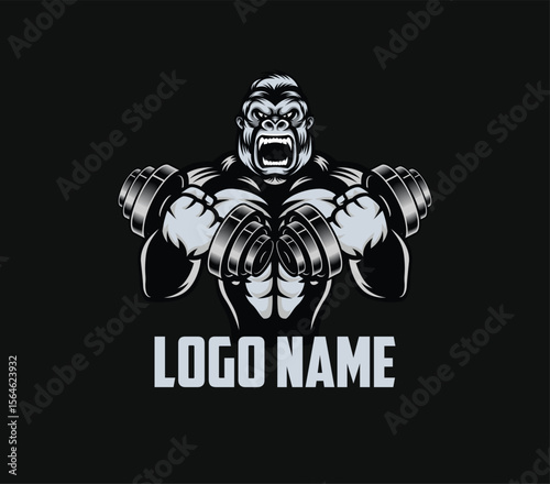 Powerful Muscular Gorilla dumbbell - Fitness Gym Mascot Vector Logo