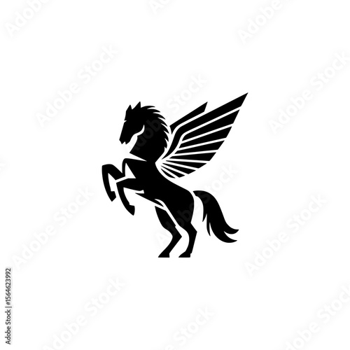 Pegasus winged horse silhouette logo design, Minimal black silhouette of a Pegasus, the mythical winged horse, rearing up with stylized wings, symbolizing freedom, power, and fantasy.

