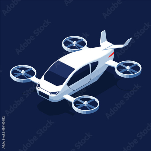 Futuristic air taxi flat vector illustration. Self driving passenger drone, driverless vtol. City travel, urban transportation. Flying cab delivery service