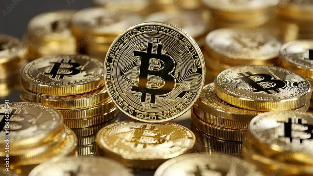 Cryptocurrency concept with shiny golden digital coins stacked, symbolizing virtual money, blockchain technology, finance investment, and modern digital currency innovation in crypto market