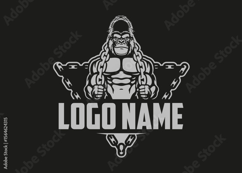 Muscular Gorilla Holding Chains – Powerful Fitness Gym Logo Design