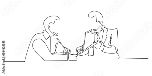 continuous line insurance consultation.single line drawing of senior people consulting insurance issues.single line vector illustration