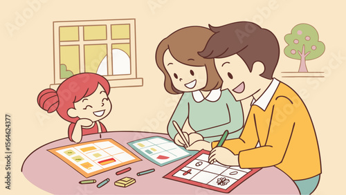 Family drawing together vector illustration happy parents and child drawing and coloring activity at home