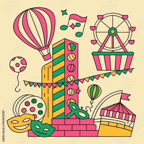 Colorful carnival illustration featuring a hot air balloon ferris wheel and festive decorations