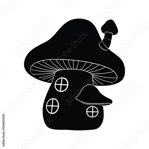 Cute Mushroom House Silhouette Fantasy Home Illustration Black and White Clipart Fairytale Cottage whimsical dwelling magical forest vector graphic childrens book storybook illustration