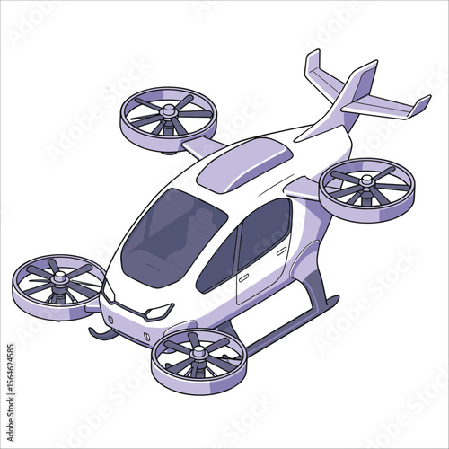 Futuristic air taxi flat vector illustration. Self driving passenger drone, driverless vtol. City travel, urban transportation. Flying cab delivery service