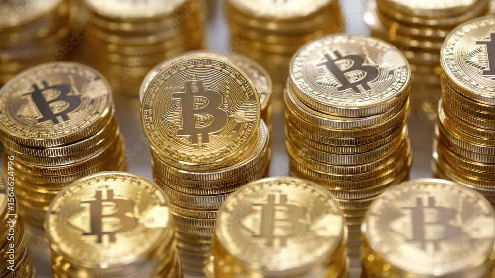 Golden bitcoin coin cryptocurrency digital currency stack of coins financial investment virtual money blockchain technology shiny metal economic concept close up view modern finance wealth concept