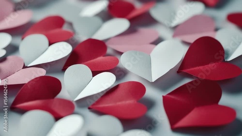 Paper heart shapes in red, white, and pink colors scattered on surface creating romantic love decoration craft with soft lighting and shallow depth of field for festive atmosphere
