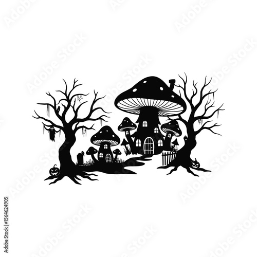Halloween Mushroom House Silhouette Spooky Fungi Cottage in Haunted Forest with Jackolanterns