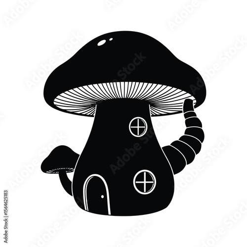 Mushroom House Silhouette Fantasy Home Illustration Black and White Clipart Fairytale Cottage Design