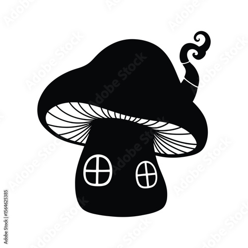 Silhouette of a whimsical mushroom house with two windows perfect for fairytale illustrations childrens books and fantasy designs