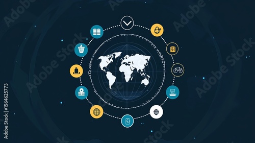 A world map surrounded by various icons representing different services on a dark blue background