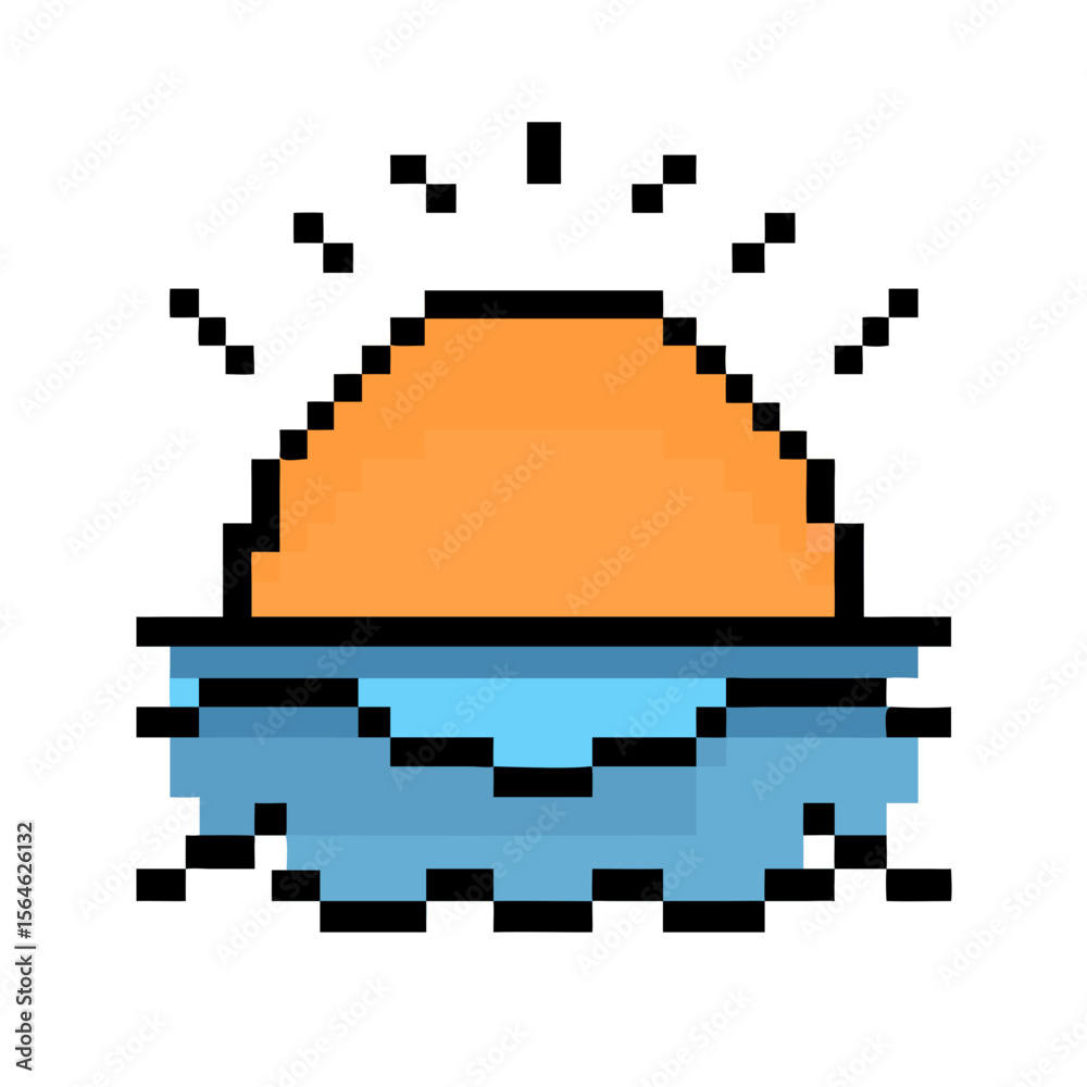 Obraz premium Pixel Art Icon Orange Sunset over Blue Sea with Retro Aesthetic 