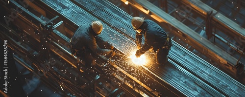 A high-angle view of construction workers welding metallic beams in a bustling industrial environment, sparks flying in the dark, showcasing hard work and dedication in the industr