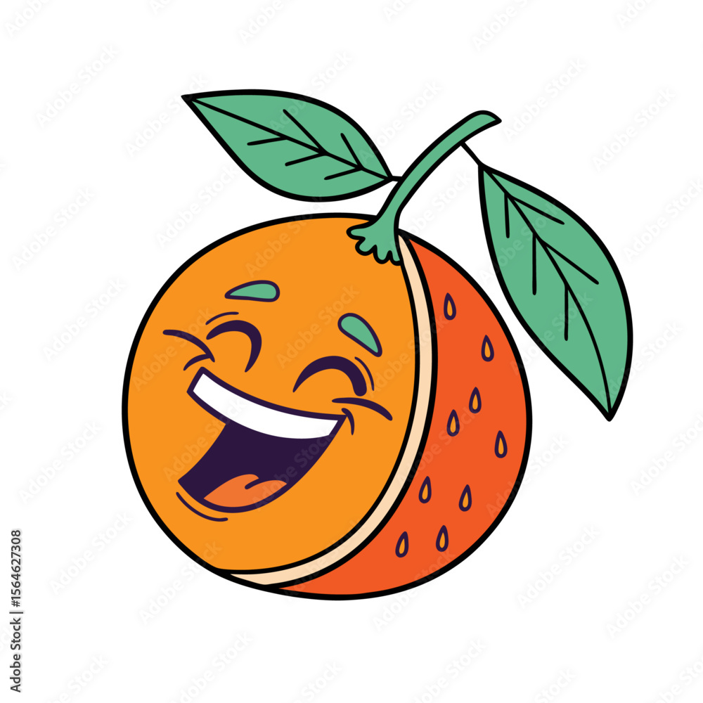 Obraz premium Simple Flat Design of a Cute Laughing Orange Fruit with Green Leaf