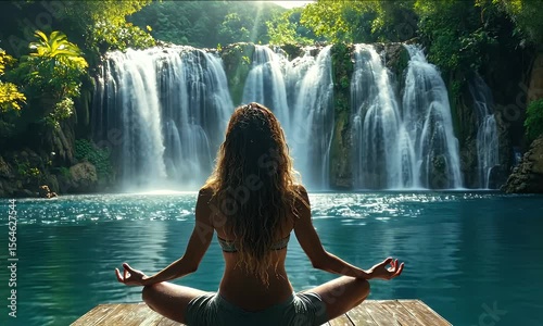 Woman meditates peacefully by a serene waterfall in lush greenery