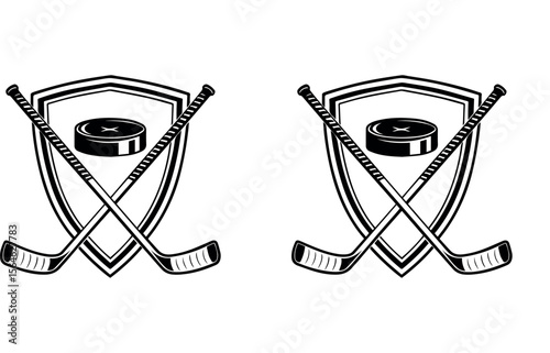  Twin hockey emblems with crossed sticks and puck icon vector for sports and team branding