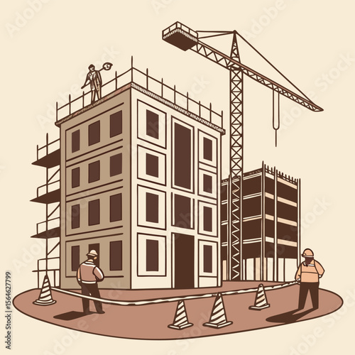 Illustration of construction site with building under construction crane and workers present on site