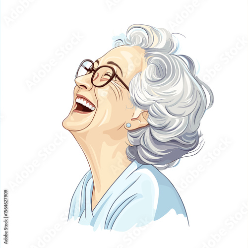 Joyful mature woman laughing with glasses white background illustration