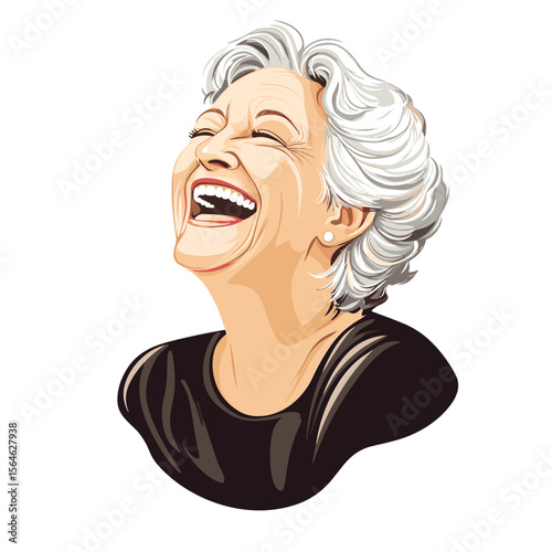 Happy mature woman laughing joyfully white background illustration