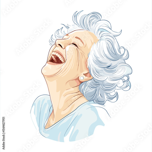 Joyful mature woman laughing with head back white background illustration