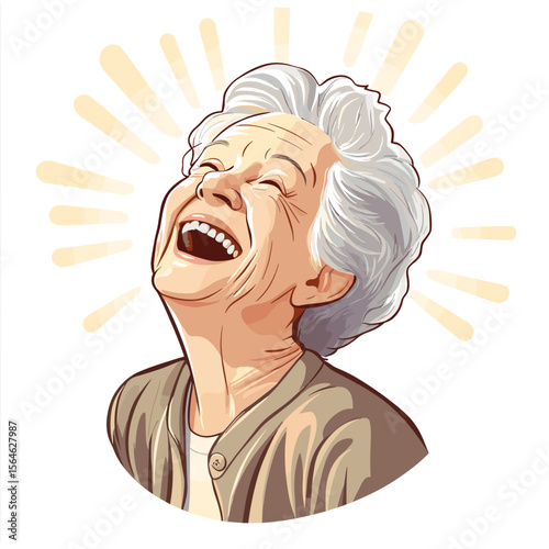 Joyful mature woman laughing with radiant beams white background illustration