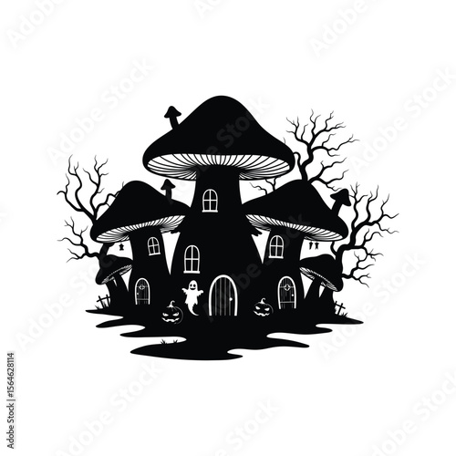 Spooky Mushroom House Halloween Silhouette Black and White Clipart Fantasy Illustration