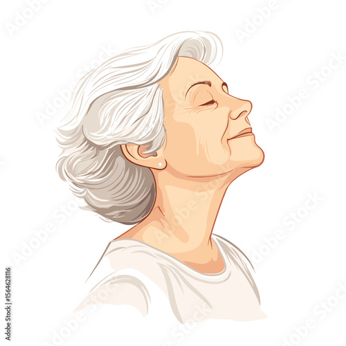Mature woman with closed eyes peaceful profile white background illustration