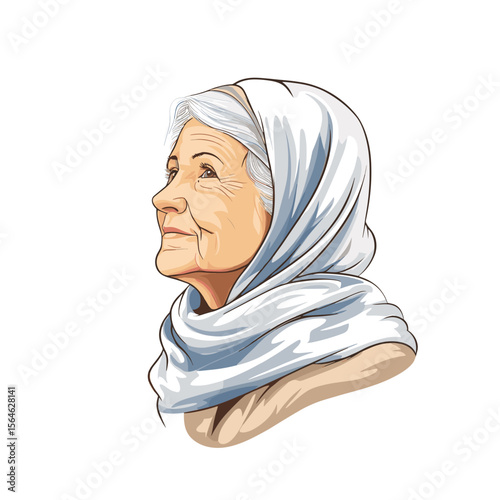  Mature woman in white headscarf profile view white background illustration
